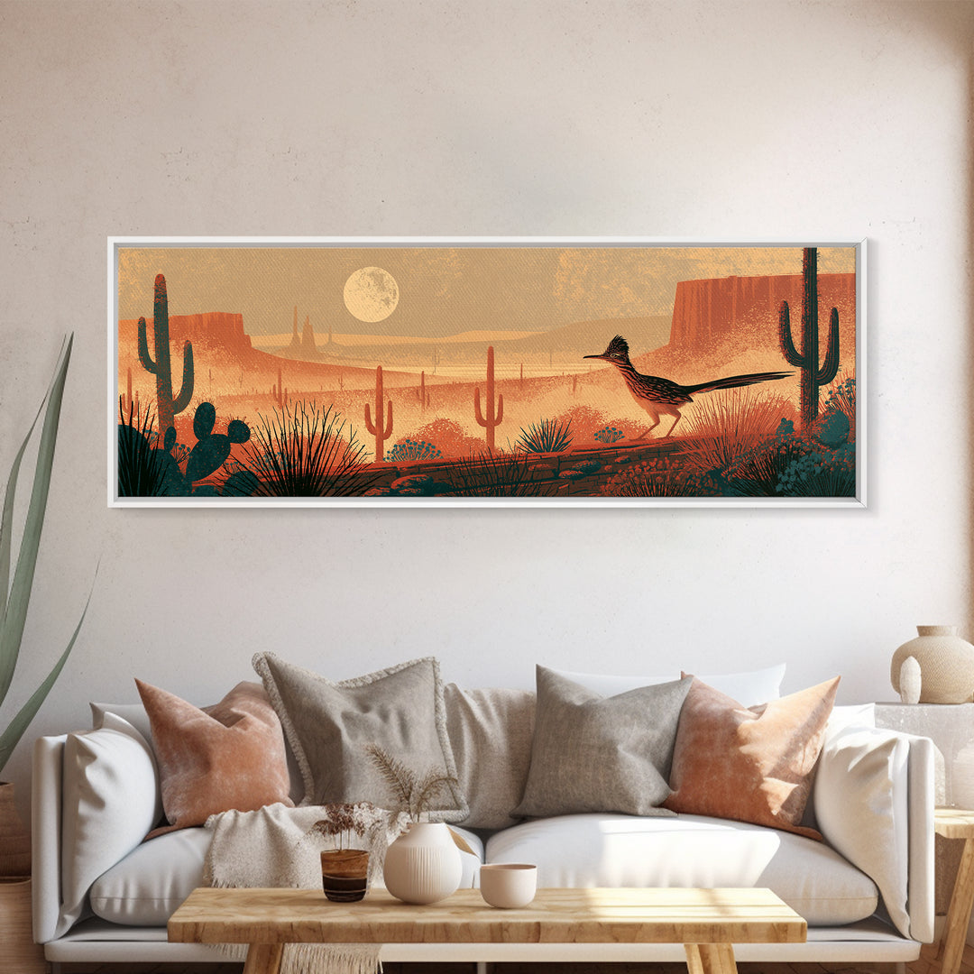 Roadrunner under a Pale Desert Moon Canvas Print, Southwestern Art, Textured Painting, Southwestern Decor, Watercolor Art, Mesa, SOU-3x1-96