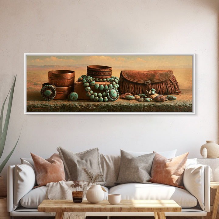 Turquoise Jewelry and Leather Still Life Framed Canvas Print, Southwestern Art, Digital Wall Art, Southwestern Decor, Mesa, SOU-3x1-99
