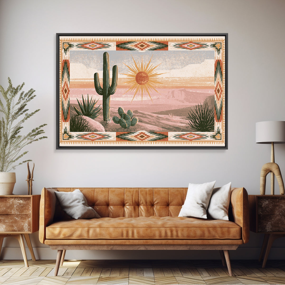 Sun Symbol with Geometric Southwest Border Canvas Print, Southwestern Art, Landscape Painting, Southwestern Decor, Abstract Art, SOU-3x2-1