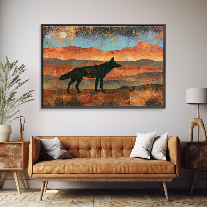 Coyote Silhouette Beneath Starry Sky Framed Canvas Print, Southwestern Art, Statement Artwork, Southwestern Decor, Mesa, SOU-3x2-19