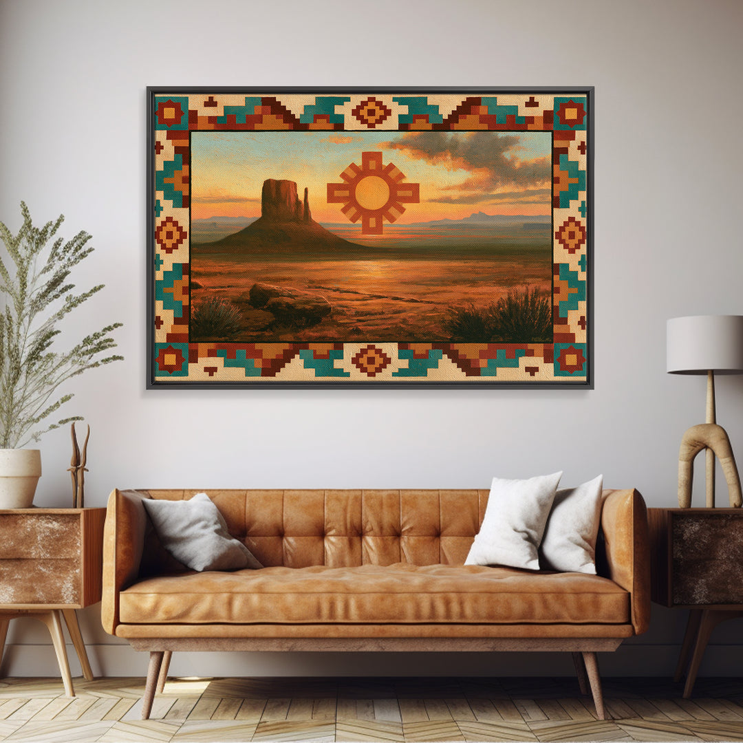Sun Symbol with Geometric Southwest Border Framed Canvas Print, Southwestern Art, Western Home Decor, Southwestern Decor, Mesa, SOU-3x2-25