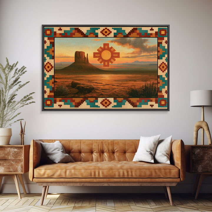 Sun Symbol with Geometric Southwest Border Framed Canvas Print, Southwestern Art, Western Home Decor, Southwestern Decor, Mesa, SOU-3x2-25