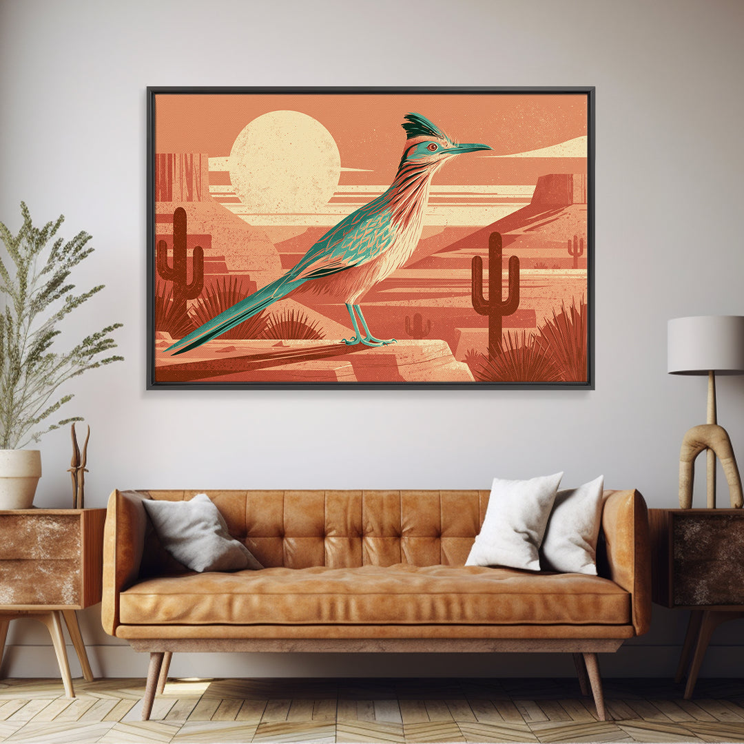 Roadrunner under a Pale Desert Moon Framed Canvas Print, Southwestern Art, Antique Oil Painting, Southwestern Decor, Mesa, SOU-3x2-36