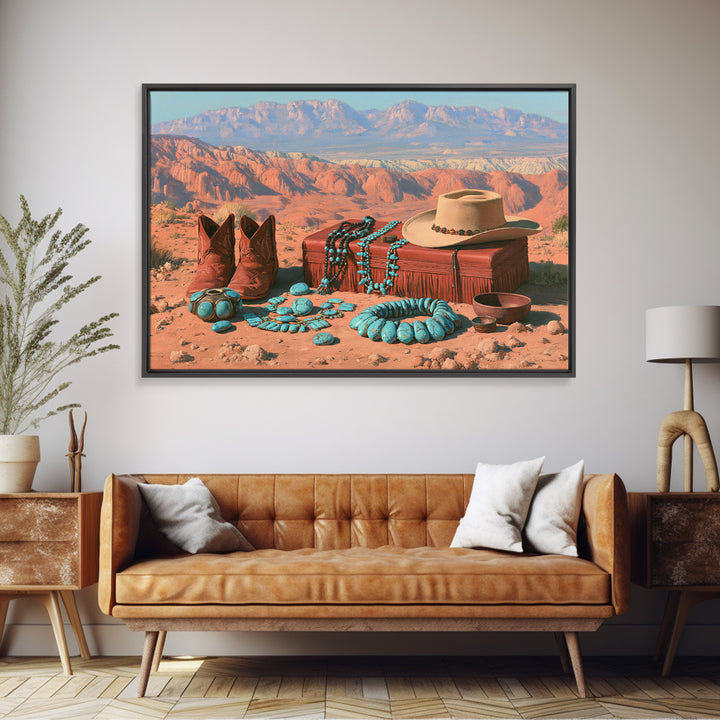 Turquoise Jewelry and Leather Still Life Framed Canvas Print, Southwestern Art, Landscape Art, Southwestern Decor, Mesa, SOU-3x2-63