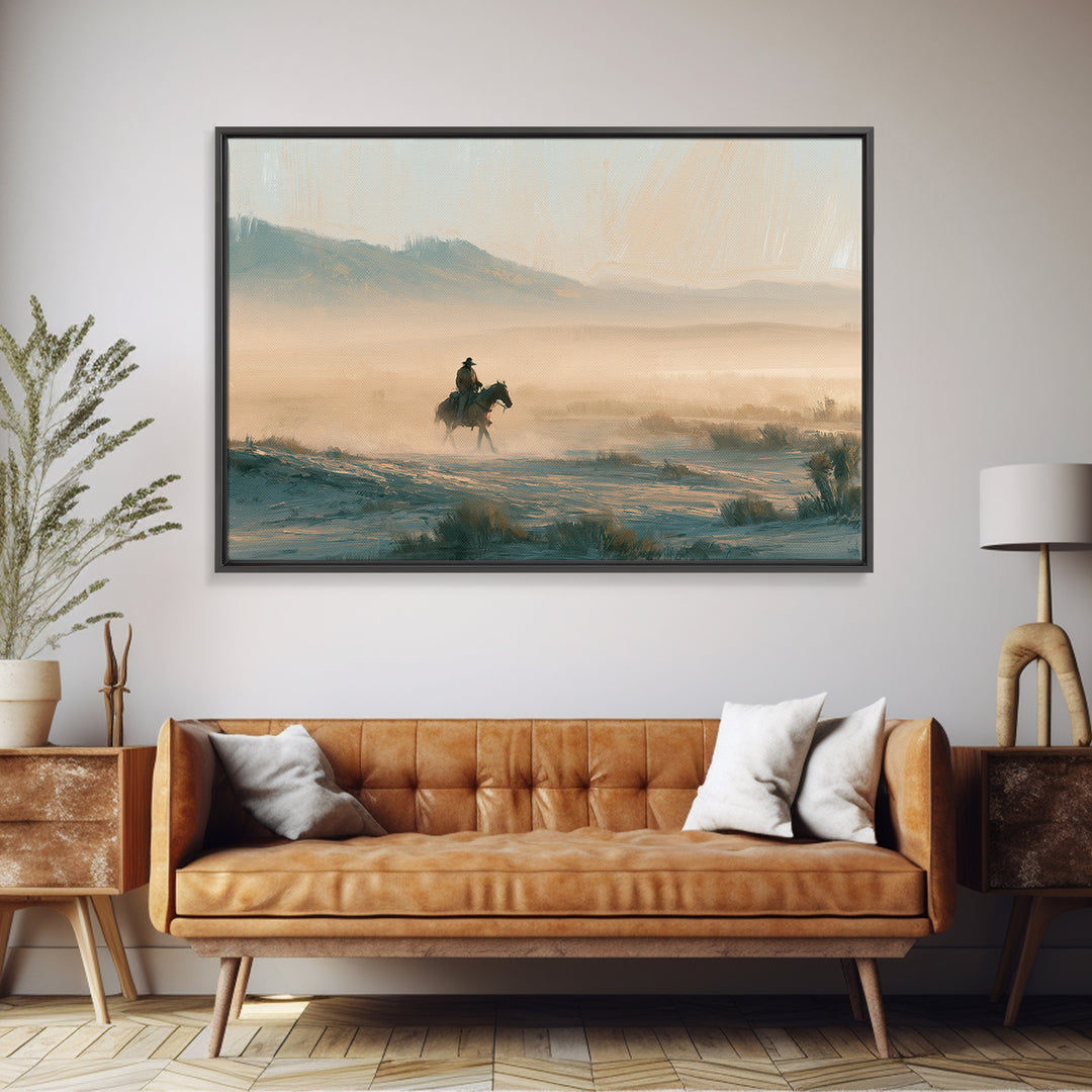 Horse Rider Crossing Desert at Dusk Framed Canvas Print, Southwestern Art, Rustic Home Decor, Southwestern Decor, SOU-3x2-71