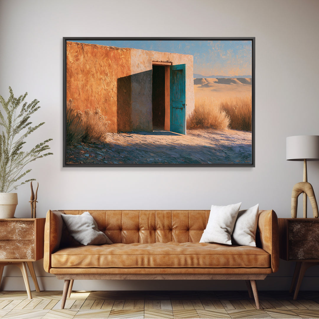 Adobe Doorway with Turquoise Blue Shadow Framed Canvas Print, Southwestern Art, Fine Art Print, Southwestern Decor, Mesa, SOU-3x2-81