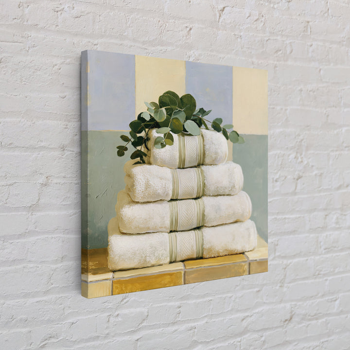 White Towels and Eucalyptus Without Room Context Framed Canvas Print, Spa Art, City Art, Spa Decor, Watercolor Art, Serenity, SPA-1x1-24