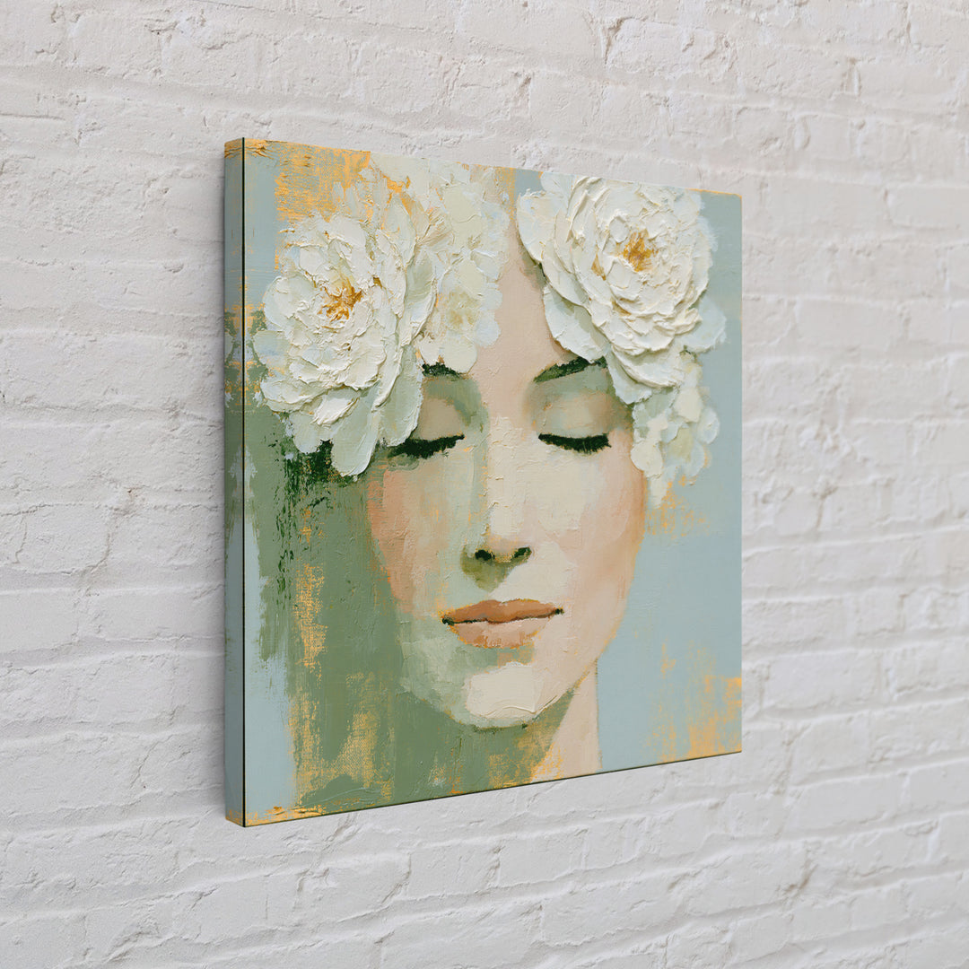 Minimal Face with Closed Eyes and Flowers Framed Canvas Print, Spa Art, Dog Groomer Gifts, Spa Decor, Fine Art, Serenity, SPA-1x1-43