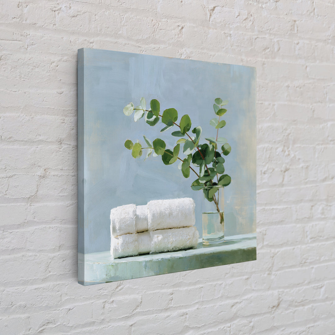 White Towels and Eucalyptus Without Room Context Framed Canvas Print, Spa Art, Wall Decor, Spa Decor, Fine Art, Serenity, SPA-1x1-48