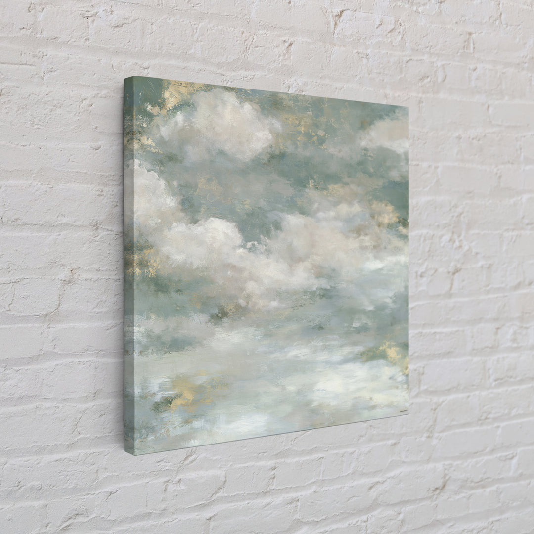 Soft Cloudscape in Cream and Sage Framed Canvas Print, Spa Art, Boho Decor, Spa Decor, Oil Painting, Serenity, Printable Art, SPA-1x1-61