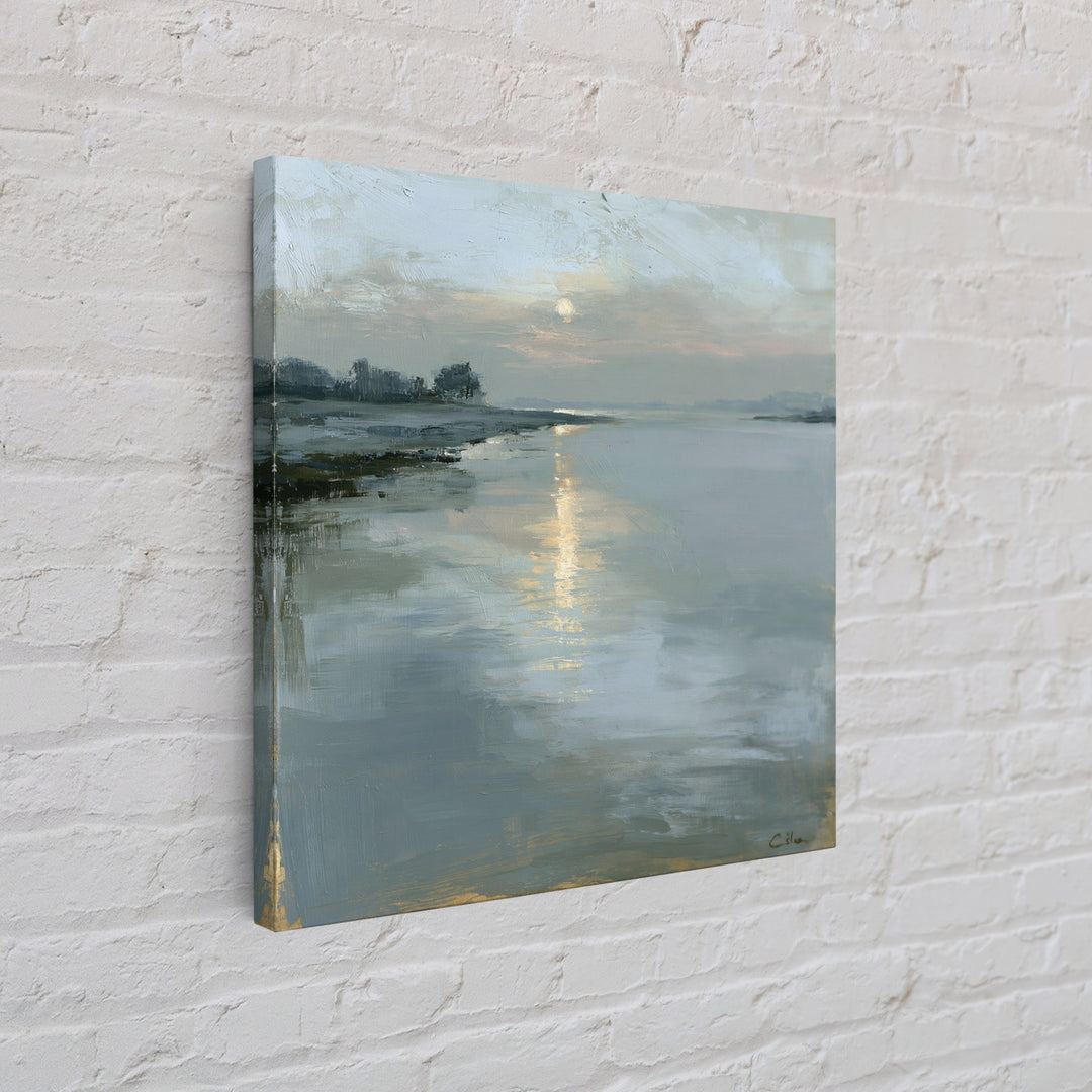 Moonlit Lake Reflection Framed Canvas Print, Spa Art, Tarot Card Art, Spa Decor, Fine Art, Serenity, Textured Painting, SPA-1x1-71