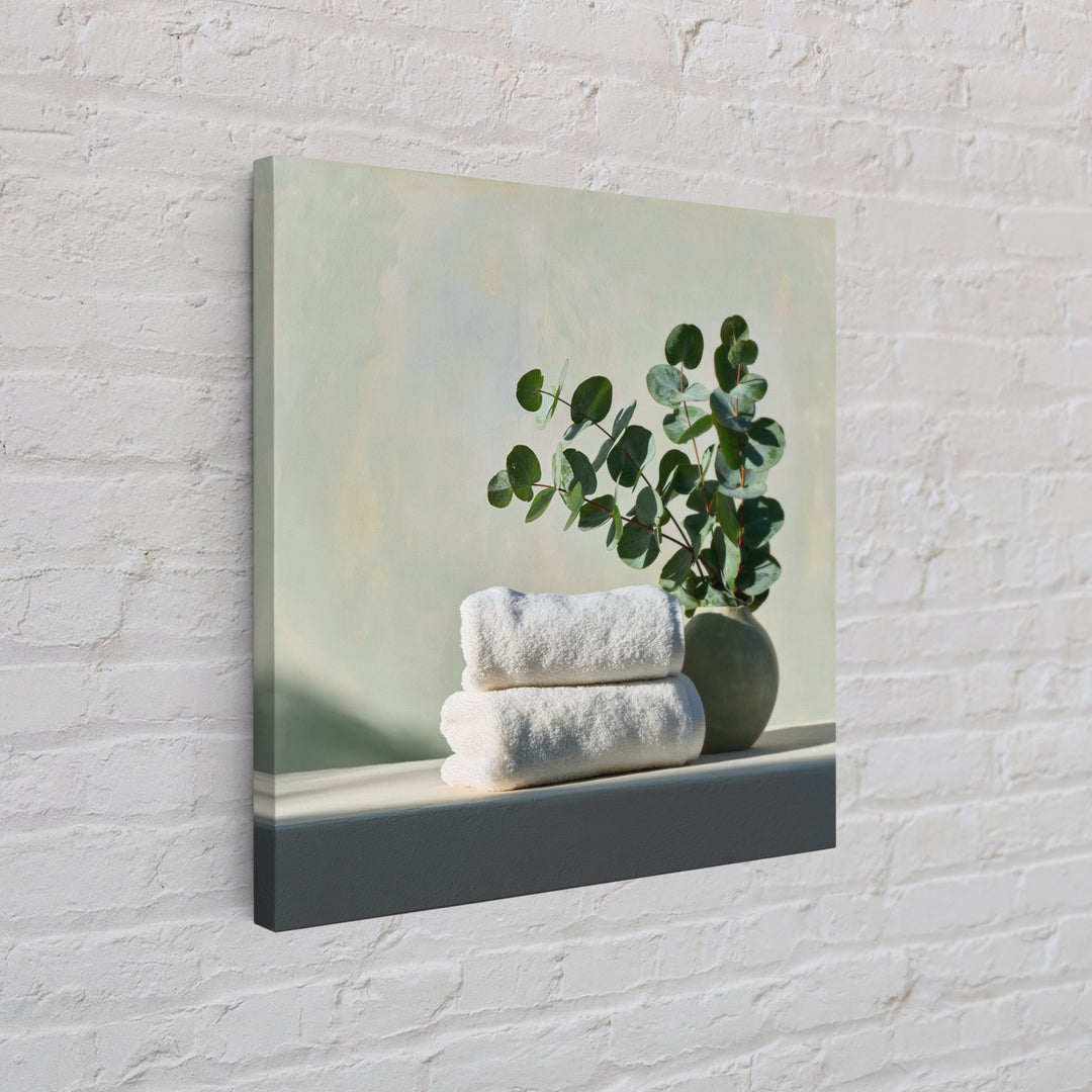 White Towels and Eucalyptus Without Room Context Framed Canvas Print, Spa Art, Wall Art Print, Spa Decor, Fine Art, Serenity, SPA-1x1-96
