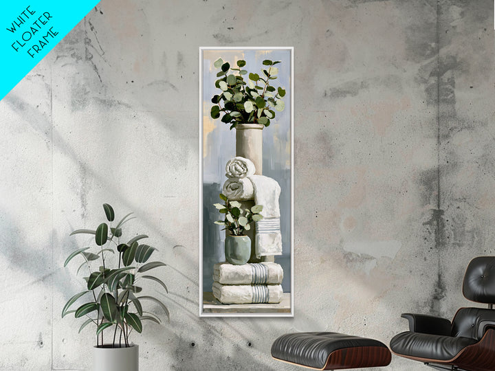 White Towels and Eucalyptus Without Room Context Framed Canvas Print, Spa Art, Wall Art Print, Spa Decor, Fine Art, Serenity, SPA-1x3-36