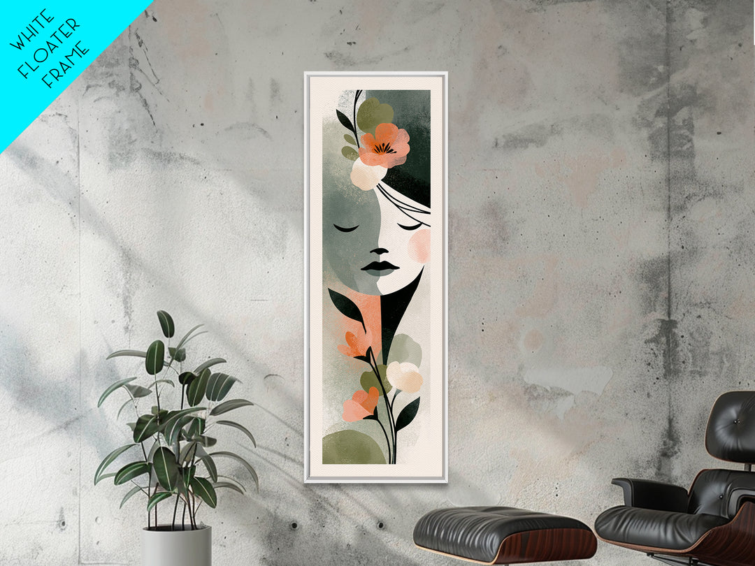 Minimal Face with Closed Eyes and Flowers Framed Canvas Print, Spa Art, Esthetician Decor, Spa Decor, Oil Painting, Serenity, SPA-1x3-79