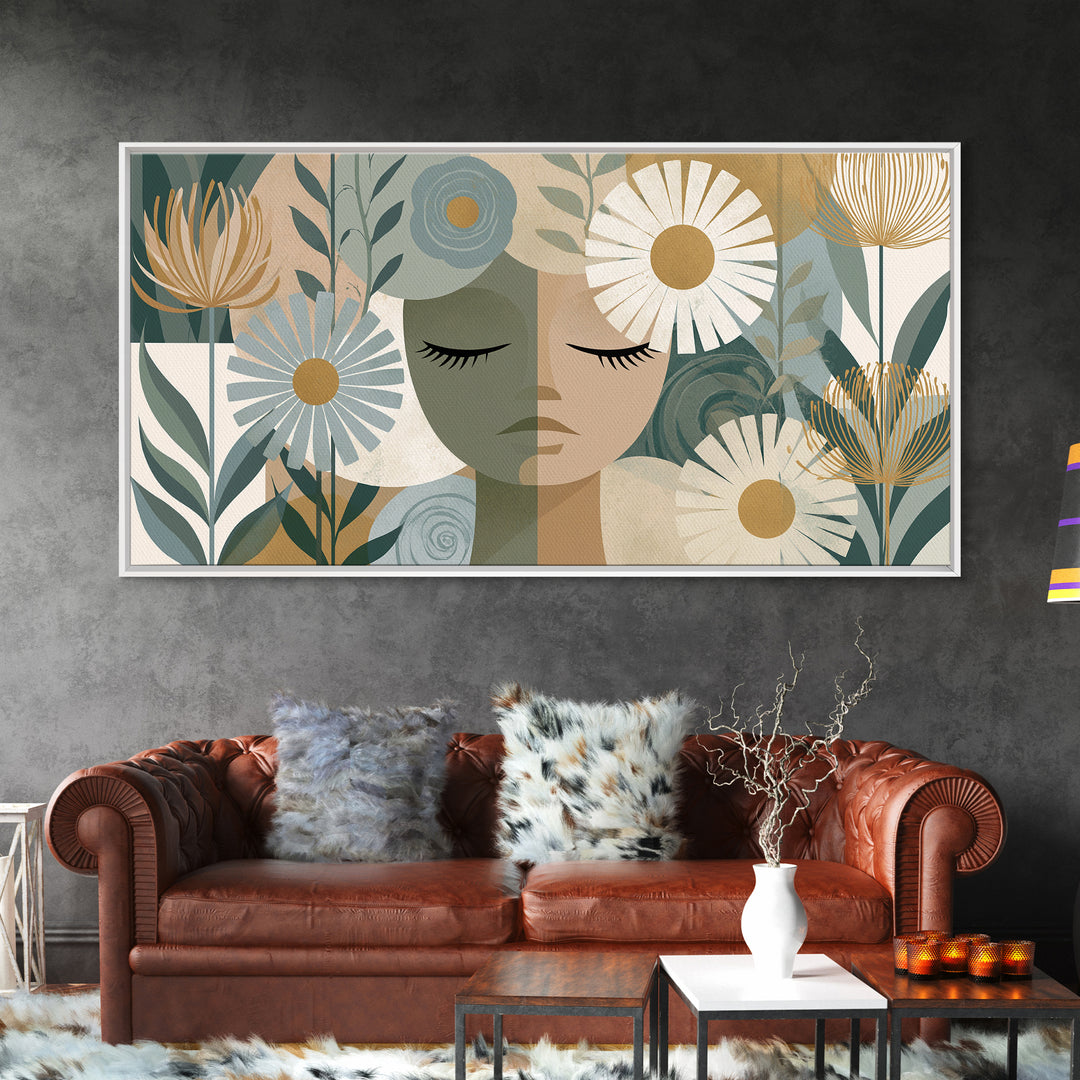 Minimal Face with Closed Eyes and Flowers Framed Canvas Print, Spa Art, Home Decor, Spa Decor, Fine Art, Serenity, Dog Wall Art, SPA-2x1-15