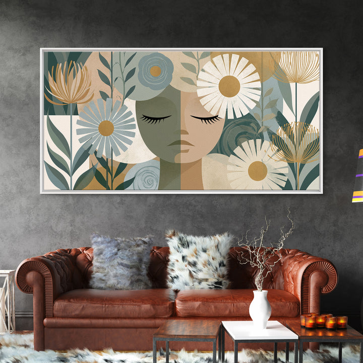 Minimal Face with Closed Eyes and Flowers Framed Canvas Print, Spa Art, Home Decor, Spa Decor, Fine Art, Serenity, Dog Wall Art, SPA-2x1-15
