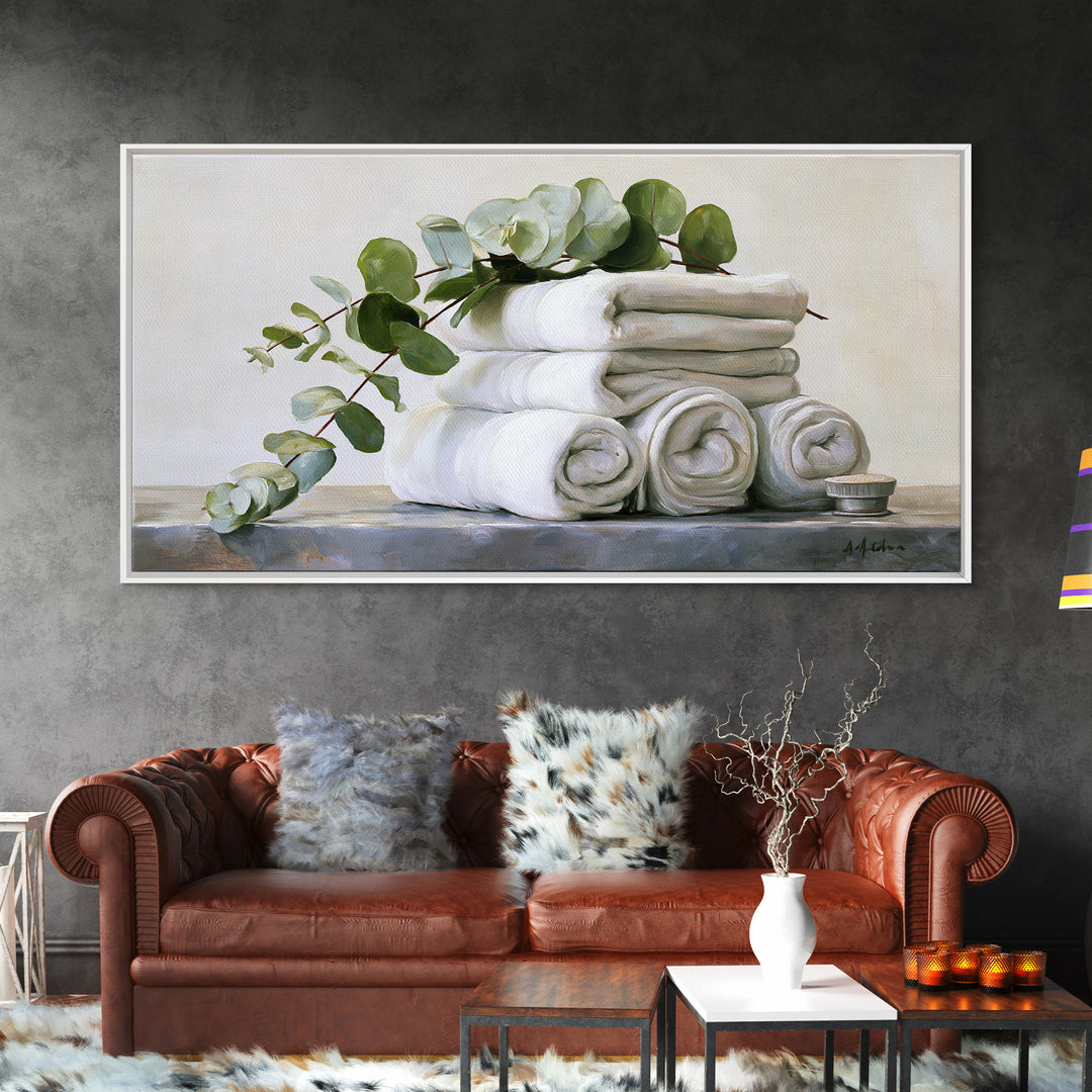 White Towels and Eucalyptus Without Room Context Framed Canvas Print, Spa Art, Statement Artwork, Spa Decor, Fine Art, Serenity, SPA-2x1-20