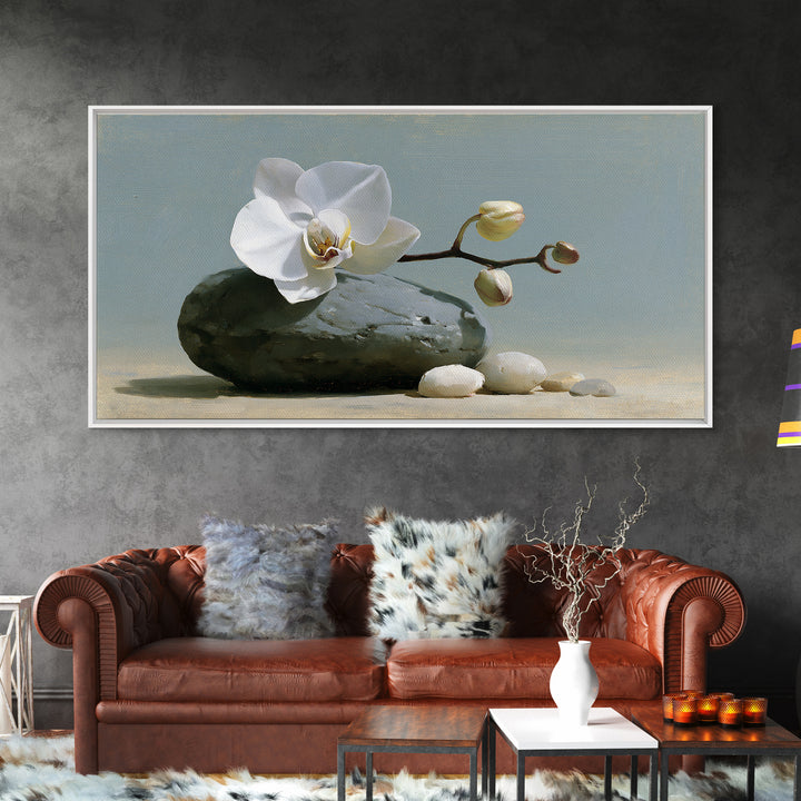 White Orchid on Smooth Gray Stone Canvas Print, Spa Art, Room Decor, Spa Decor, Serenity, Nature Prints, Travel Poster, SPA-2x1-22