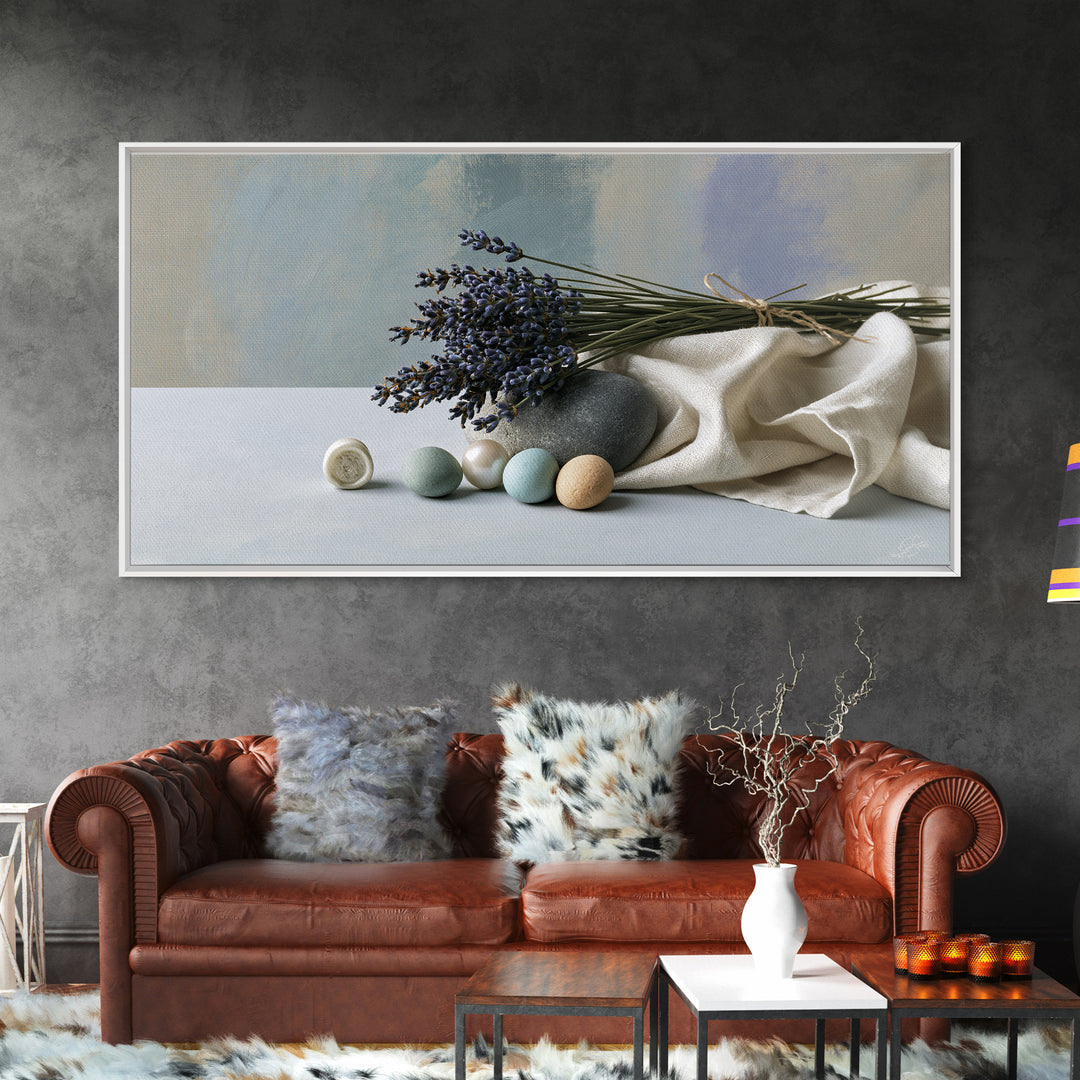 Lavender Bundle with Soft Shadow Framed Canvas Print, Spa Art, Boho Decor, Spa Decor, Oil Painting, Serenity, Printable Art, SPA-2x1-27