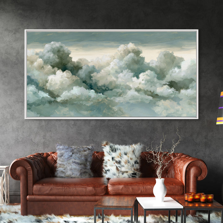 Soft Cloudscape in Cream and Sage Framed Canvas Print, Spa Art, Printable Wall Art, Spa Decor, Serenity, Feminine Wall Art, SPA-2x1-33