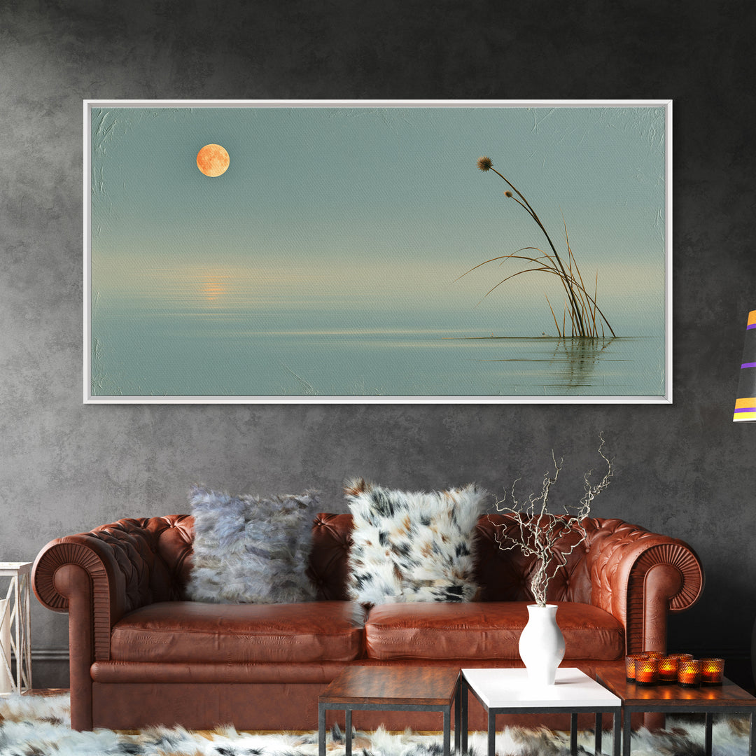 Moonlit Lake Reflection Framed Canvas Print, Spa Art, Botanical Art, Spa Decor, Oil Painting, Serenity, Fashion Wall Art, SPA-2x1-43