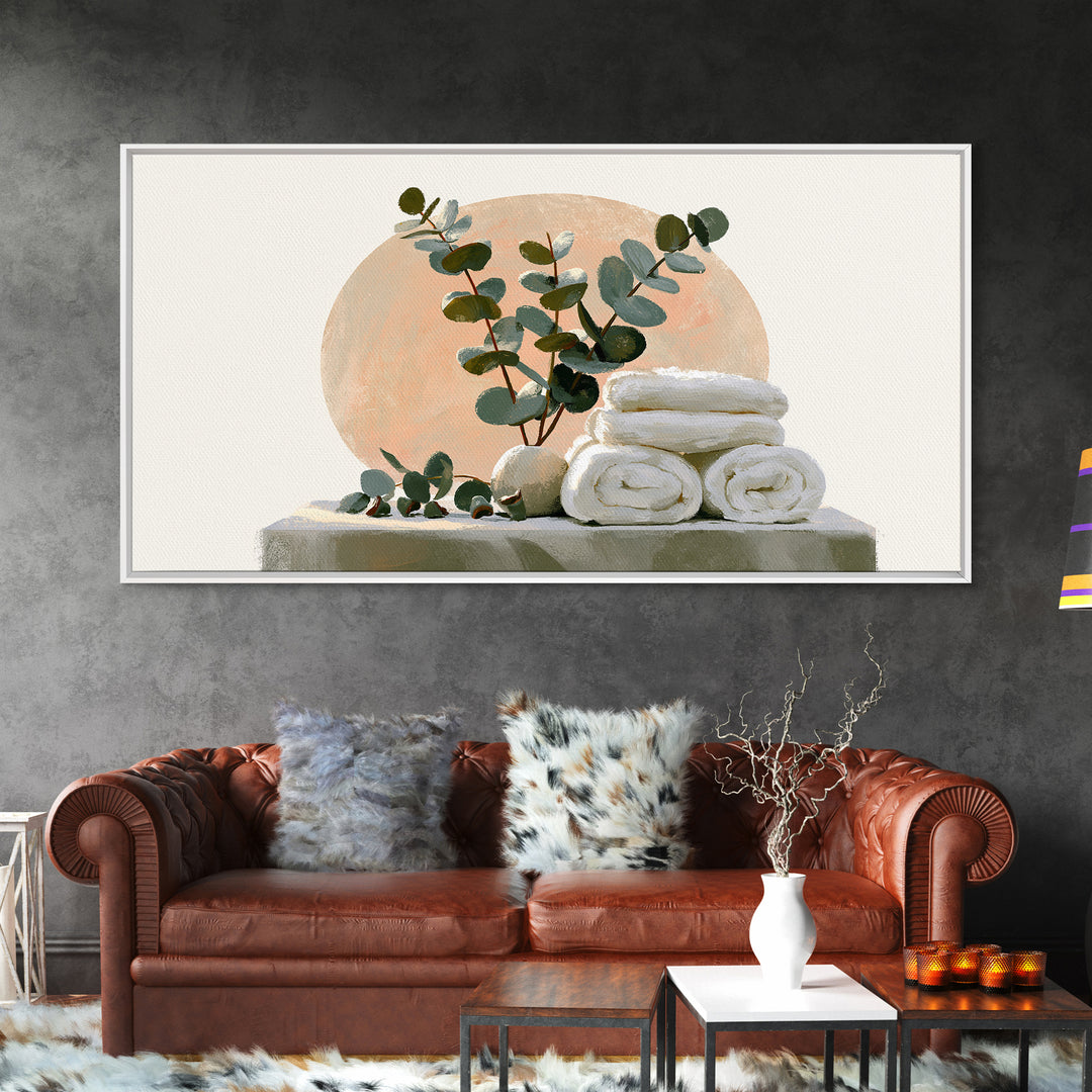 White Towels and Eucalyptus Without Room Context Canvas Print, Spa Art, Textured Painting, Spa Decor, Abstract Art, Serenity, SPA-2x1-44