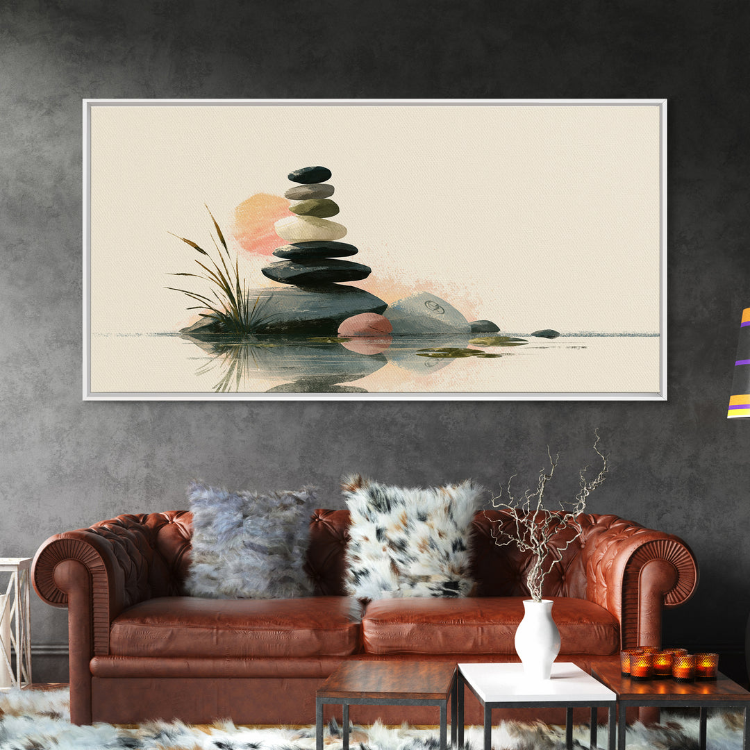 Stacked Stones Beside Calm Water Framed Canvas Print, Spa Art, Spa, Spa Decor, Fine Art, Serenity, Teen Girl Room Decor, SPA-2x1-45