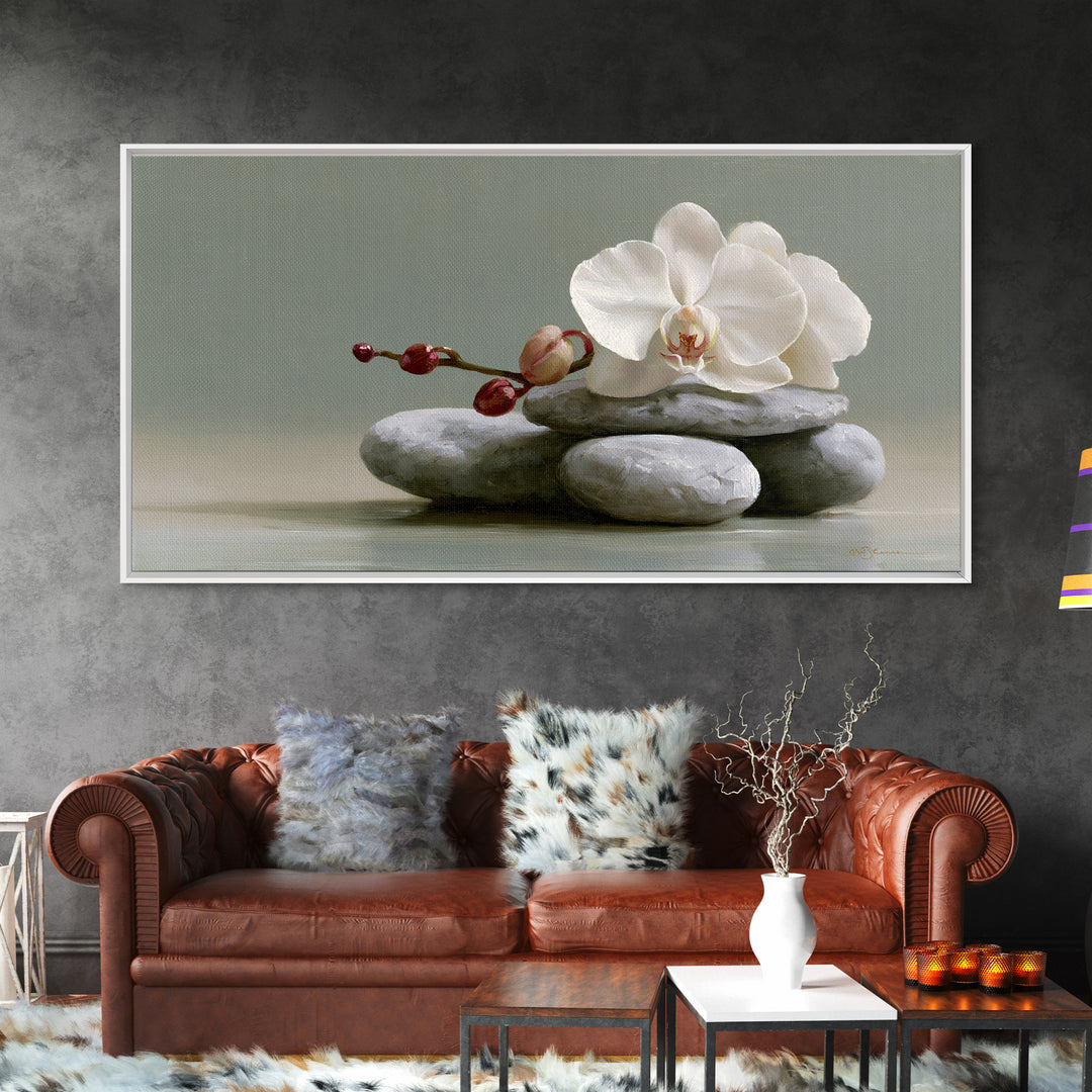 White Orchid on Smooth Gray Stone Framed Canvas Print, Spa Art, Art, Spa Decor, Serenity, Abstract Print, Minimalist Art, SPA-2x1-46