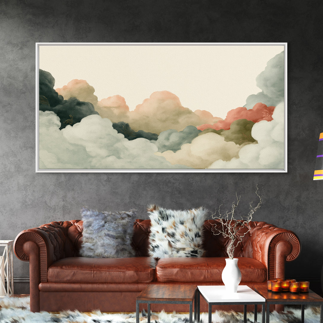 Soft Cloudscape in Cream and Sage Canvas Print, Spa Art, Travel Poster, Spa Decor, Fine Art, Serenity, Salon Decor, City Art, SPA-2x1-57