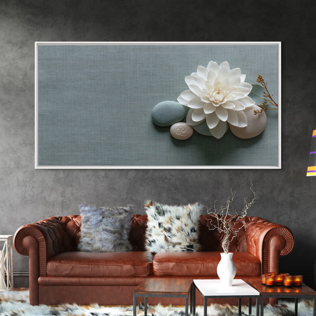 Single White Flower on Linen Ground Canvas Print, Spa Art, Abstract, Spa Decor, Fine Art, Serenity, City Art, Spa Wall Art, SPA-2x1-61