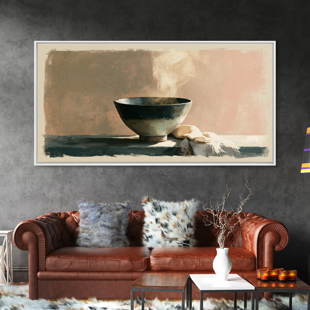 Tea Bowl and Steam Still Life Canvas Print, Spa Art, Spa Decor, Watercolor Art, Serenity, Dog Wall Art, Abstract Print, SPA-2x1-66