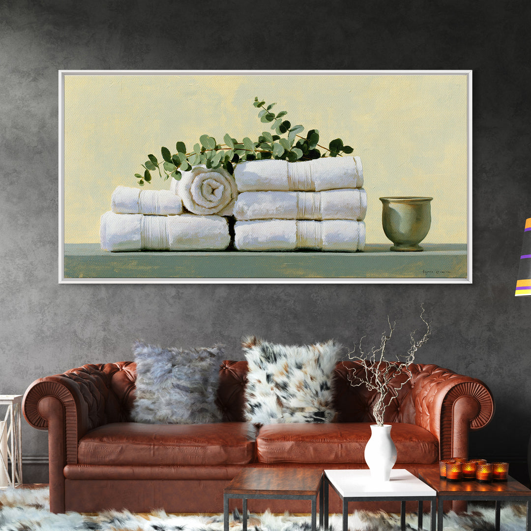 White Towels and Eucalyptus Without Room Context Canvas Print, Spa Art, Nature Prints, Spa Decor, Watercolor Art, Serenity, SPA-2x1-68