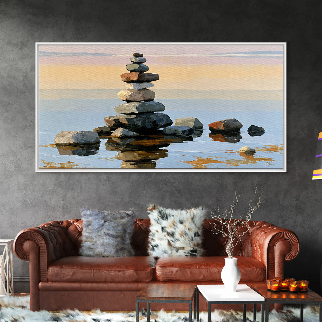 Stacked Stones Beside Calm Water Canvas Print, Spa Art, Animal Art, Spa Decor, Fine Art, Serenity, Gallery Decor, Neutral Decor, SPA-2x1-69