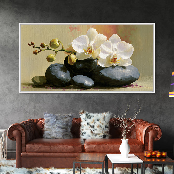 White Orchid on Smooth Gray Stone Canvas Print, Spa Art, Botanical Art, Spa Decor, Fine Art, Serenity, Fashion Wall Art, SPA-2x1-70