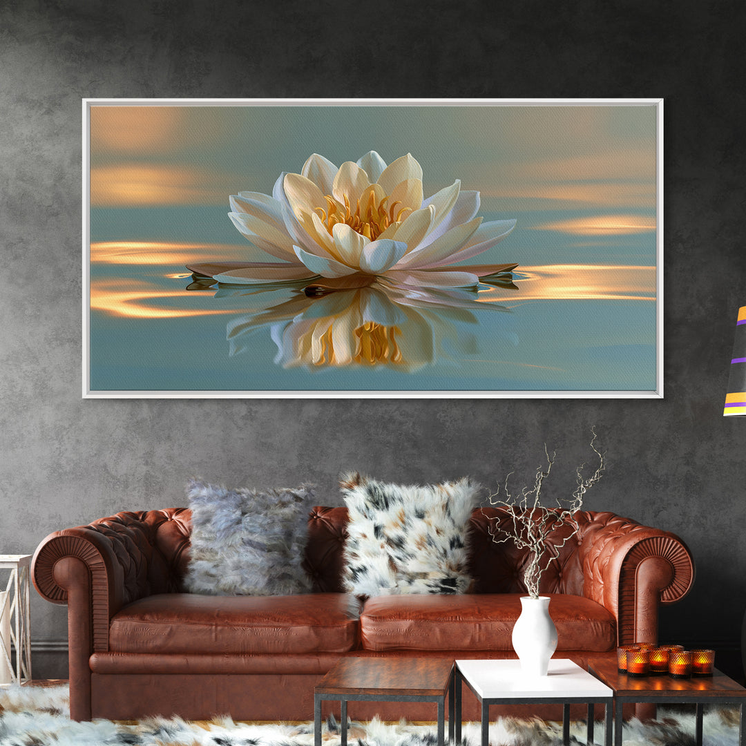 Lotus Flower Floating on Still Pond Framed Canvas Print, Spa Art, Travel Poster, Spa Decor, Watercolor Art, Serenity, SPA-2x1-72