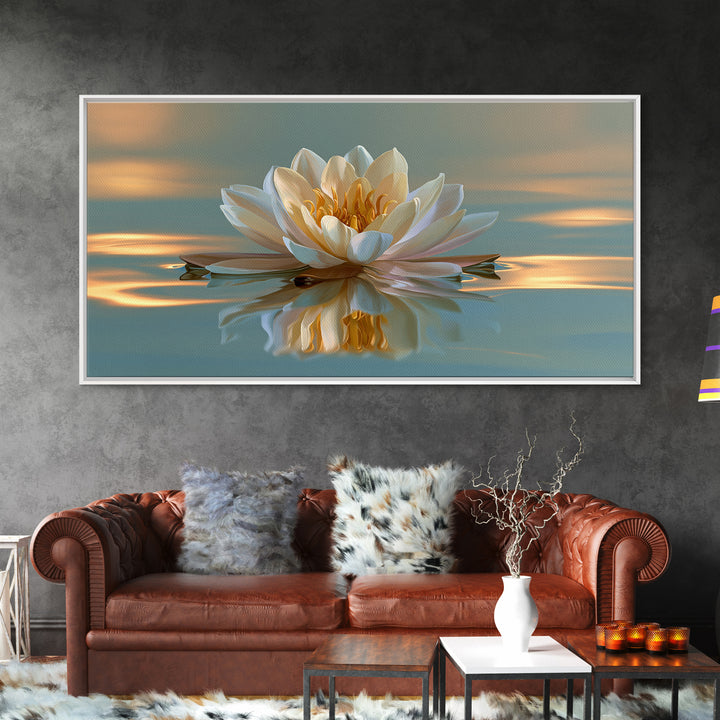 Lotus Flower Floating on Still Pond Framed Canvas Print, Spa Art, Travel Poster, Spa Decor, Watercolor Art, Serenity, SPA-2x1-72