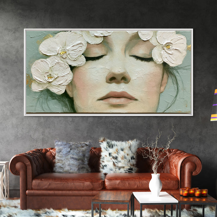 Minimal Face with Closed Eyes and Flowers Framed Canvas Print, Spa Art, Spa Wall Art, Spa Decor, Watercolor Art, Serenity, SPA-2x1-87