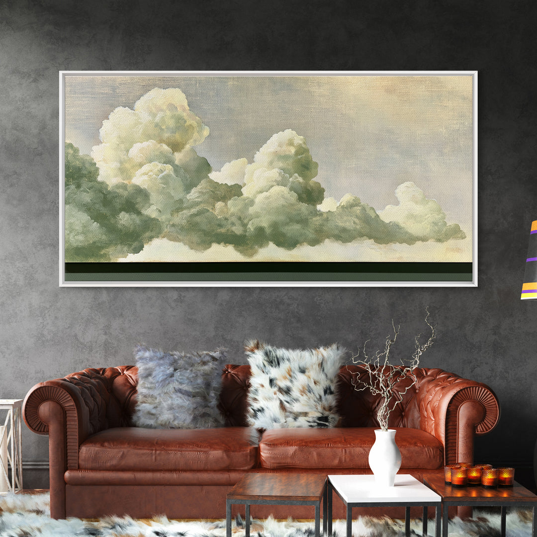 Soft Cloudscape in Cream and Sage Framed Canvas Print, Spa Art, Printable Wall Art, Spa Decor, Serenity, Feminine Wall Art, SPA-2x1-9
