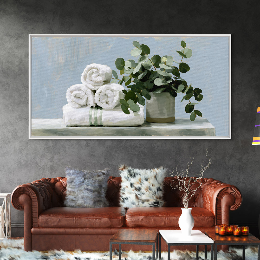 White Towels and Eucalyptus Without Room Context Framed Canvas Print, Spa Art, Abstract Print, Spa Decor, Oil Painting, SPA-2x1-92