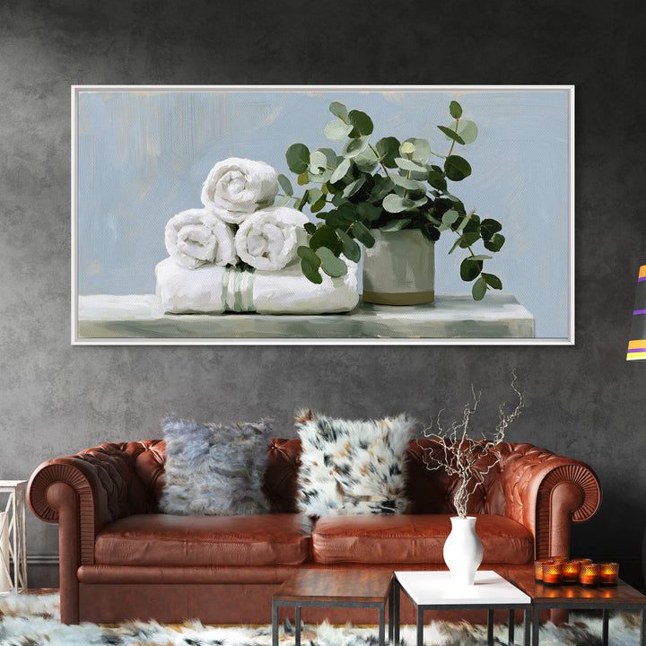White Towels and Eucalyptus Without Room Context Framed Canvas Print, Spa Art, Abstract Print, Spa Decor, Oil Painting, SPA-2x1-92