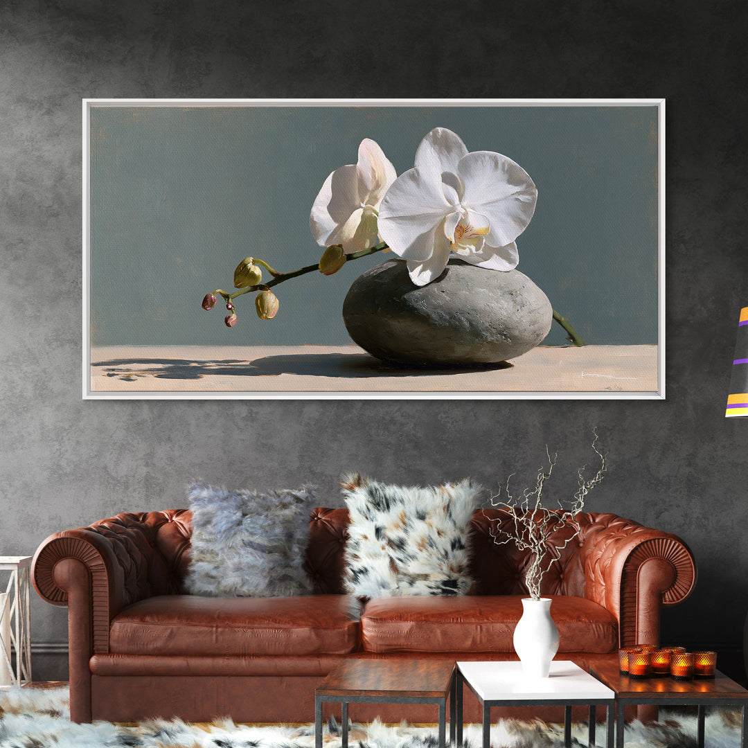White Orchid on Smooth Gray Stone Canvas Print, Spa Art, Botanical Art, Spa Decor, Fine Art, Serenity, Fashion Wall Art, SPA-2x1-94