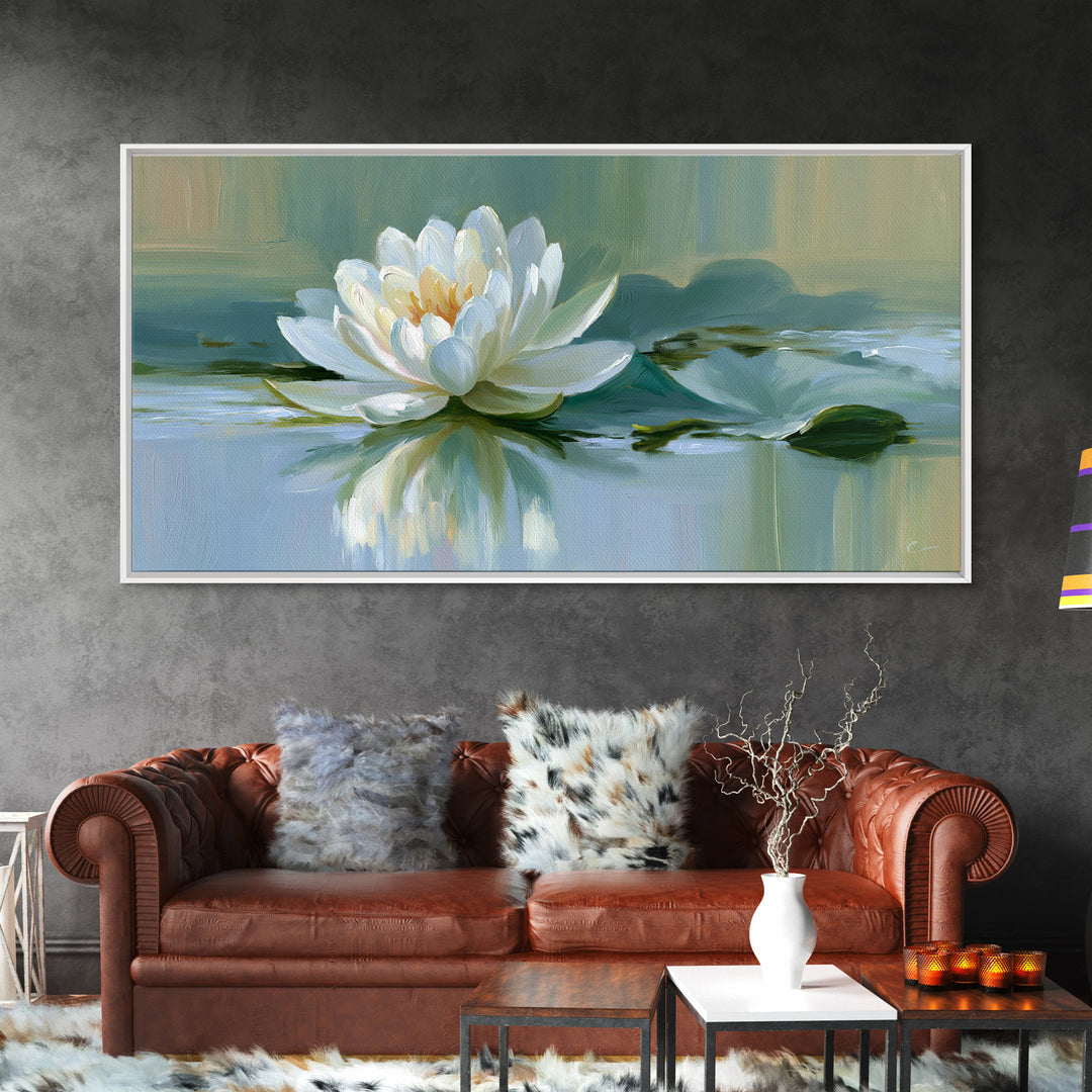 Lotus Flower Floating on Still Pond Framed Canvas Print, Spa Art, Dog Groomer Gifts, Spa Decor, Serenity, Fine Art Print, SPA-2x1-96