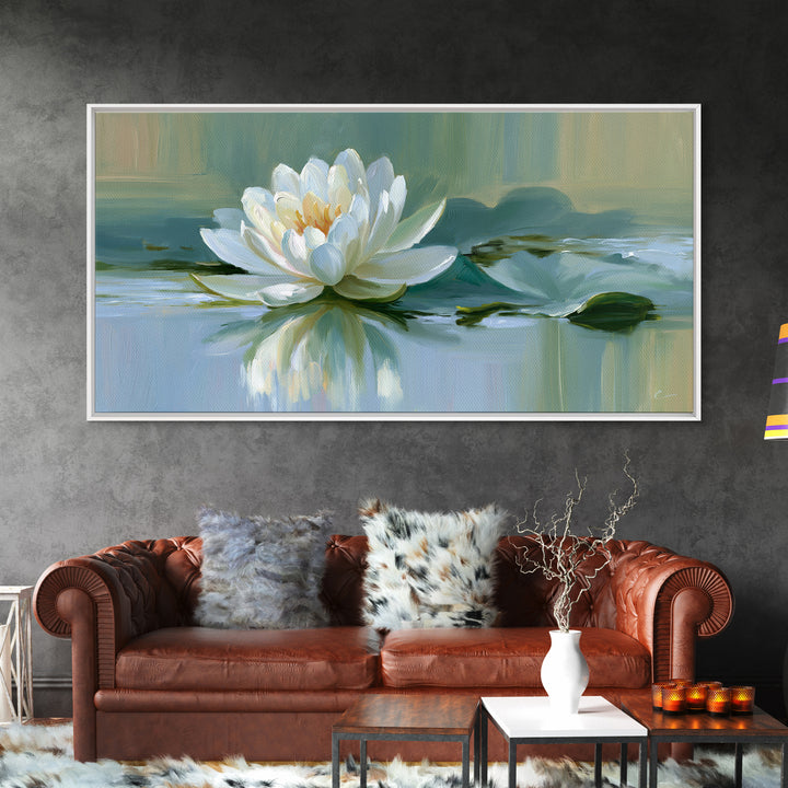 Lotus Flower Floating on Still Pond Framed Canvas Print, Spa Art, Dog Groomer Gifts, Spa Decor, Serenity, Fine Art Print, SPA-2x1-96