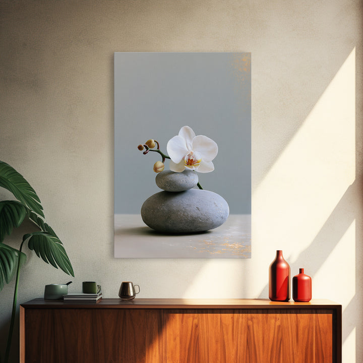 White Orchid on Smooth Gray Stone Canvas Print, Spa Art, Minimalist Decor, Spa Decor, Fine Art, Serenity, Contemporary Art, SPA-2x3-10