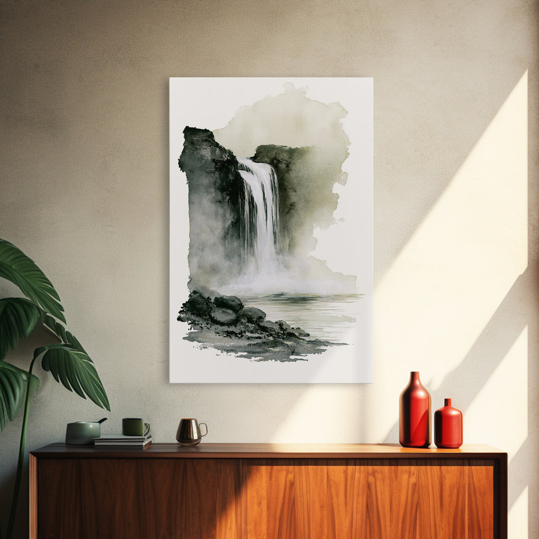 Serene Waterfall with Mist Framed Canvas Print, Spa Art, Textured Painting, Spa Decor, Abstract Art, Serenity, Travel Poster, SPA-2x3-26