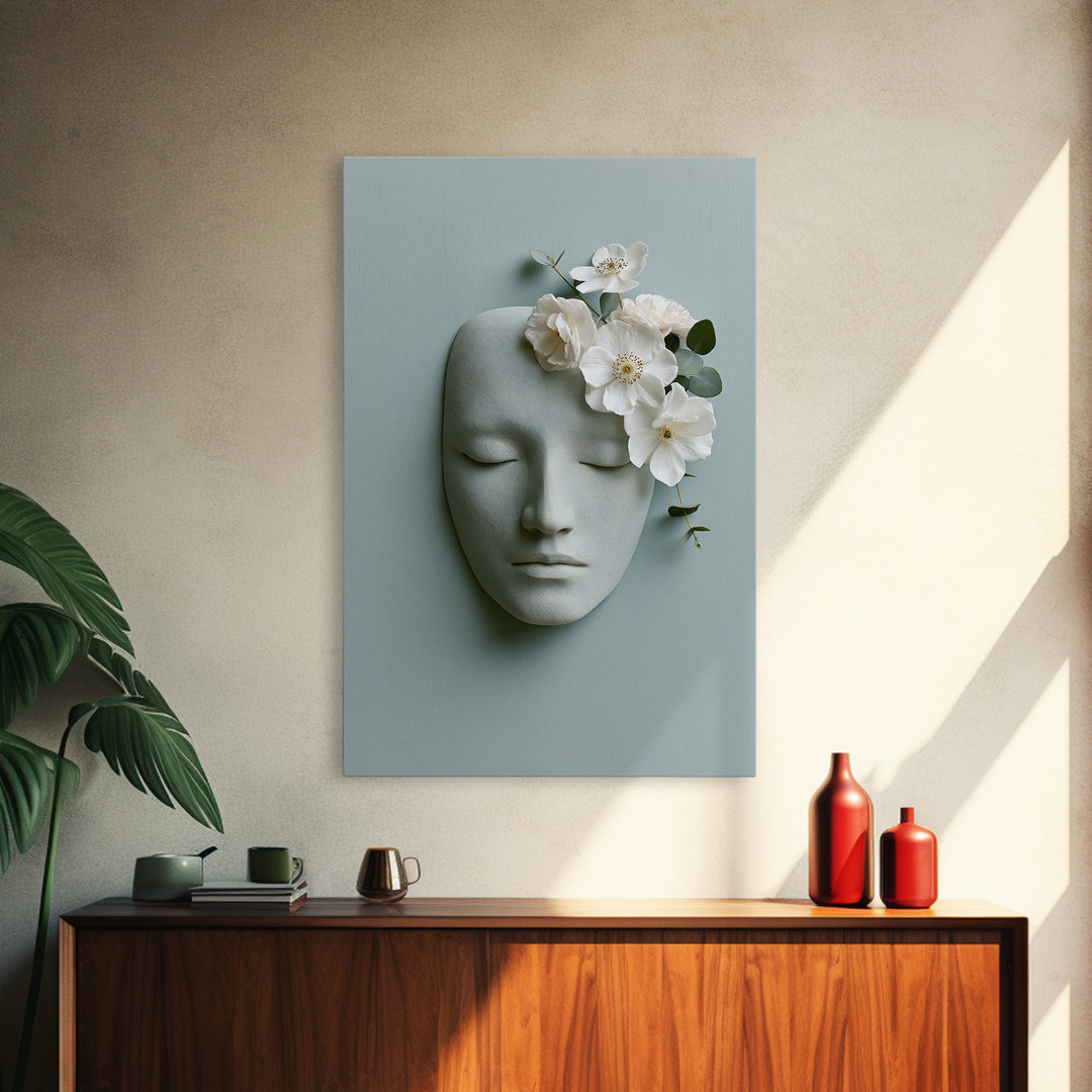 Minimal Face with Closed Eyes and Flowers Canvas Print, Spa Art, Home Decor, Spa Decor, Fine Art, Serenity, Dog Wall Art, SPA-2x3-27