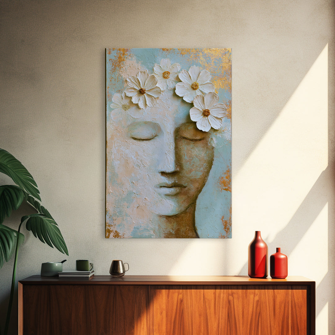 Minimal Face with Closed Eyes and Flowers Framed Canvas Print, Spa Art, Art Print, Spa Decor, Watercolor Art, Serenity, SPA-2x3-3
