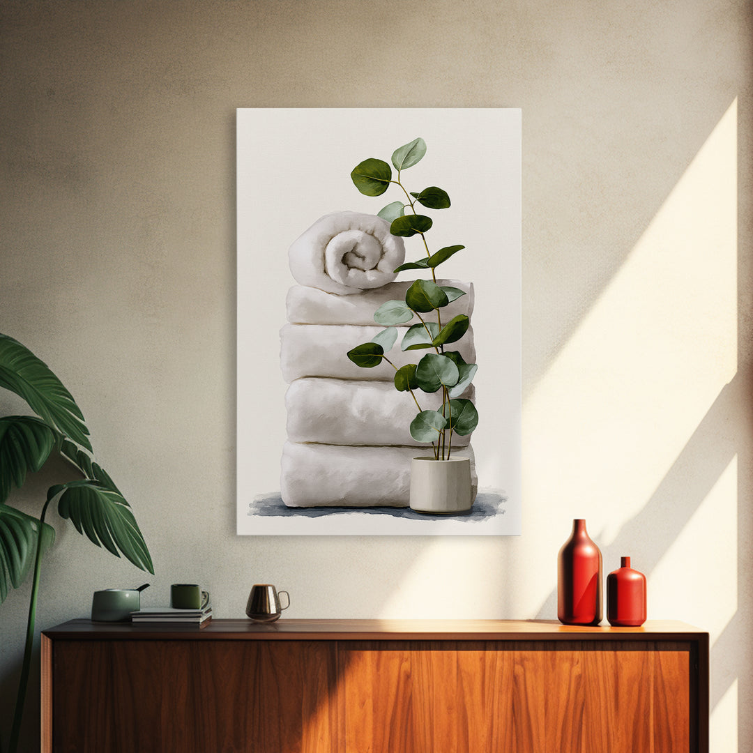 White Towels and Eucalyptus Without Room Context Canvas Print, Spa Art, Statement Artwork, Spa Decor, Fine Art, Serenity, SPA-2x3-32