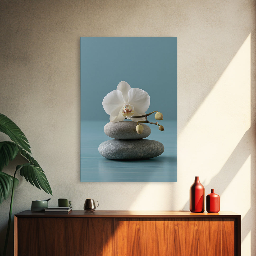 White Orchid on Smooth Gray Stone Framed Canvas Print, Spa Art, Printable Art, Spa Decor, Serenity, Fine Art Photography, SPA-2x3-34