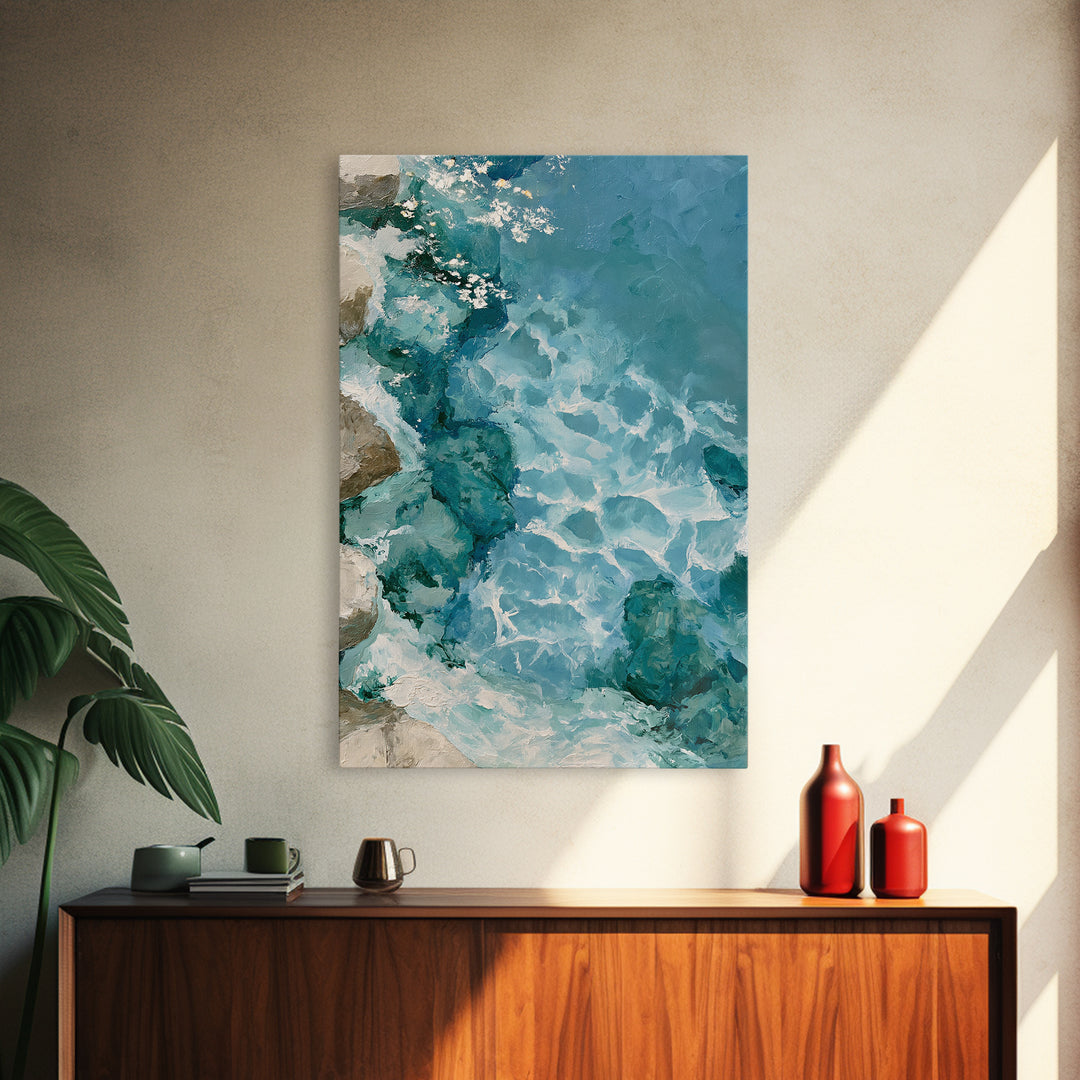 Blue Lagoon Water Seen from Above Framed Canvas Print, Spa Art, Art, Spa Decor, Serenity, Abstract Print, Minimalist Art, SPA-2x3-52
